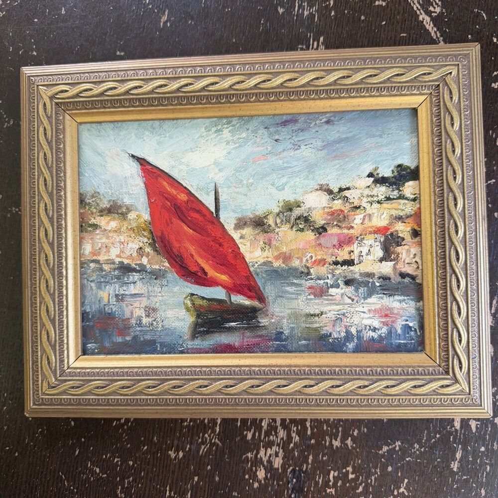 Vintage Impressionist Oil Painting Red Sailboat Mediterranean Harbor 9x7 Gilt Fr